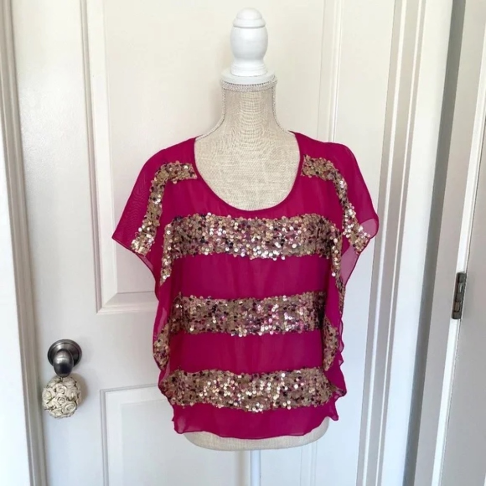 Rampage | Vintage Y2K 2000s Magenta Sheer Sequin Blouse, Size S